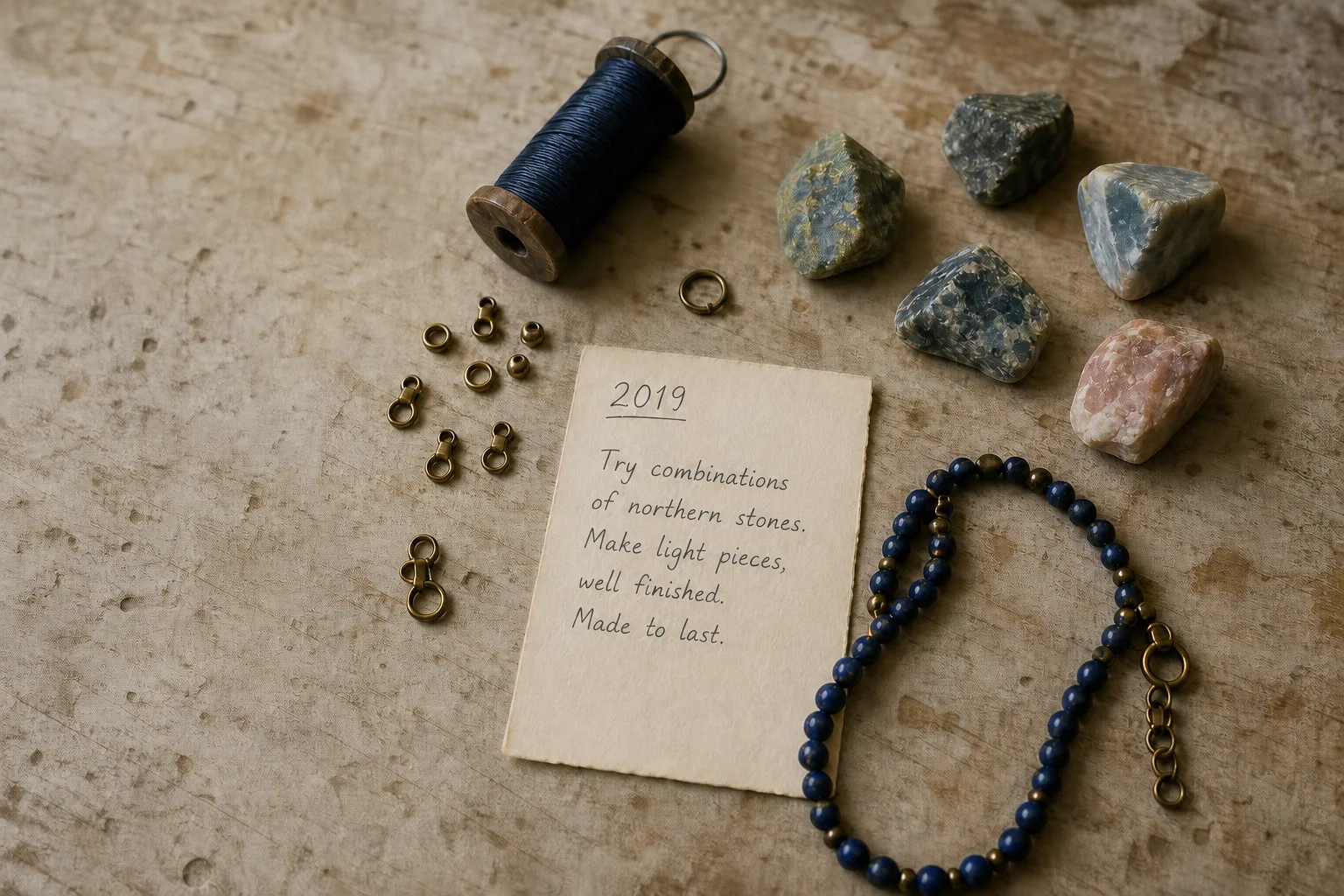 Triballe worktable with natural stones, blue cord and jewelry tools
