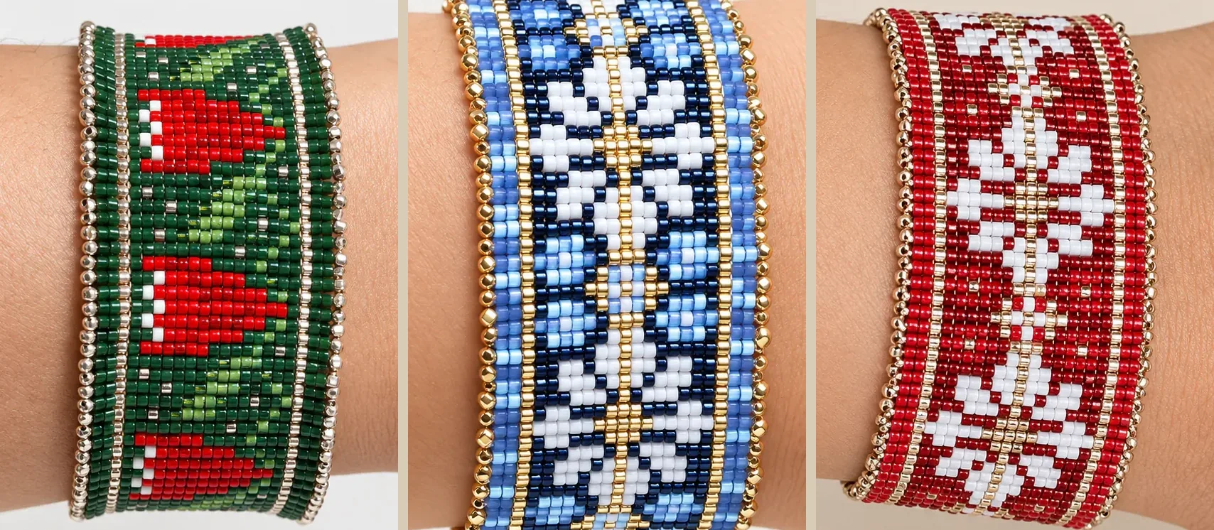 Pulseras Copihue, Índigo y Carmesí de mostacillas Miyuki tejidas en telar, puestas en la muñeca