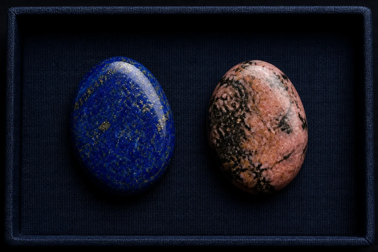 Blue lapis lazuli and rose combarbalite on a jeweler's specimen tray
