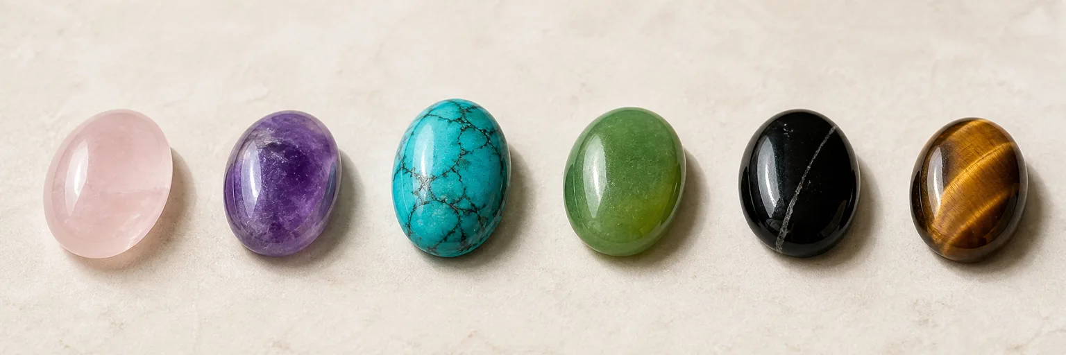 Cuarzo rosa, amatista, turquesa, jade, ónix y ojo de tigre