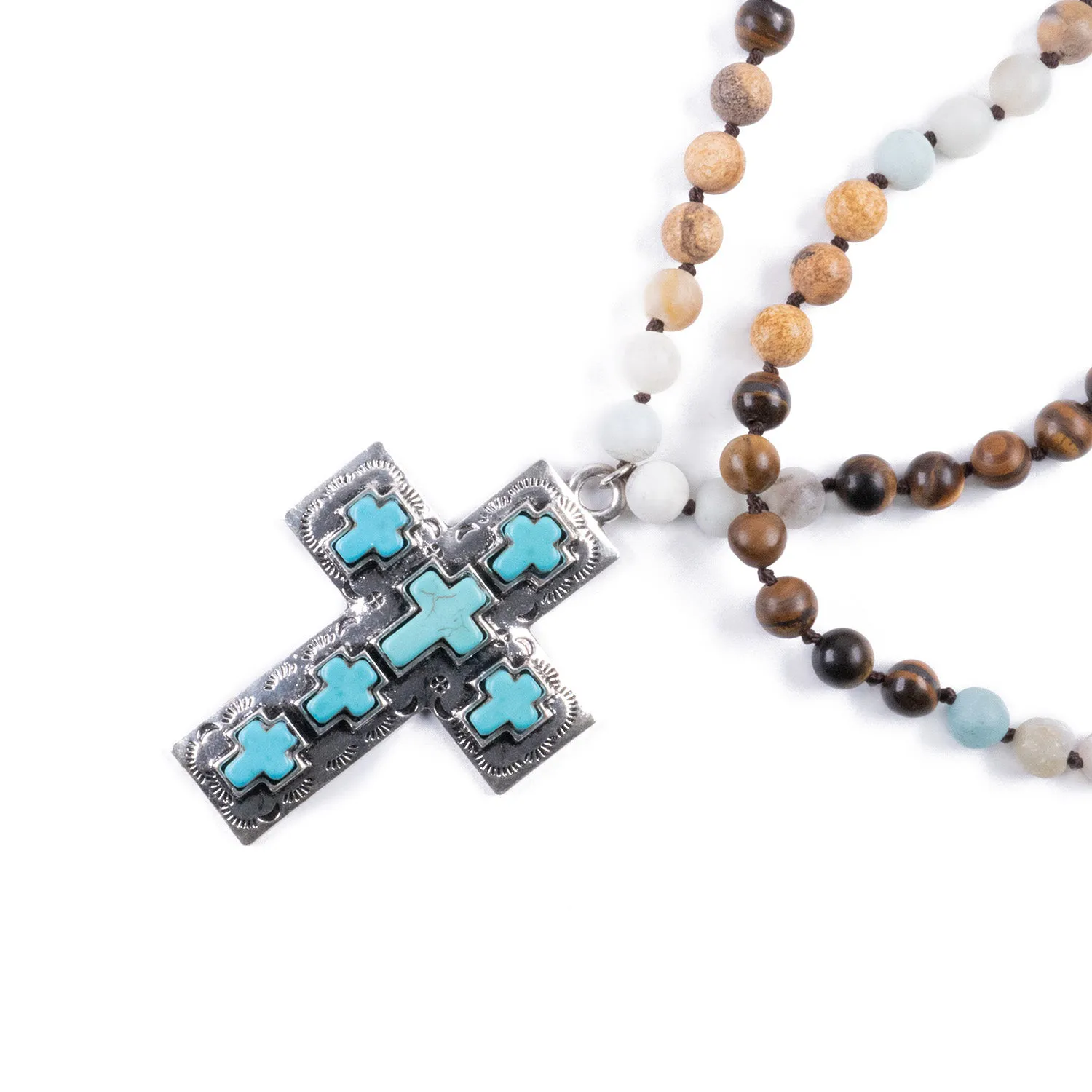 Collar Étnico con Cruz Jaspe, Ojo de Tigre y Amazonita