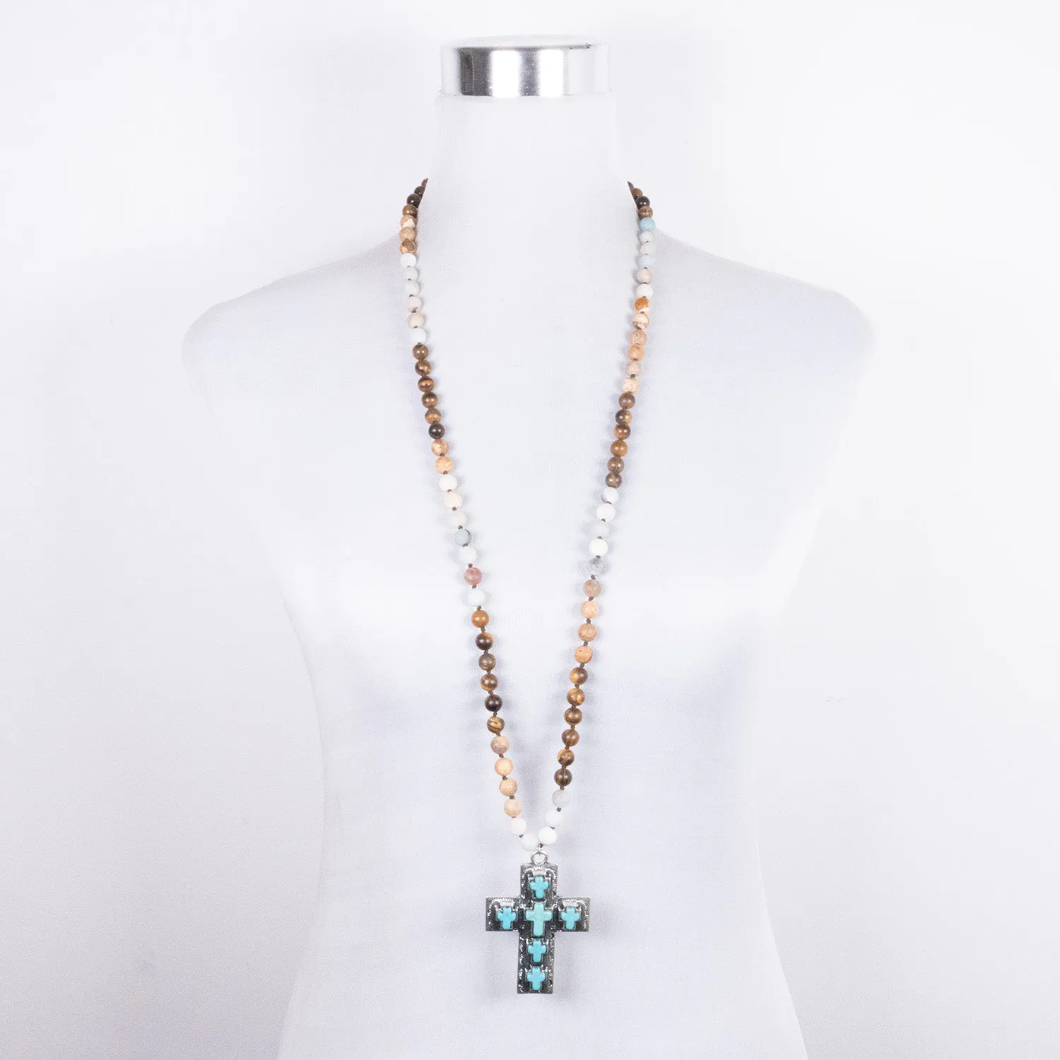 Collar Étnico con Cruz Jaspe, Ojo de Tigre y Amazonita