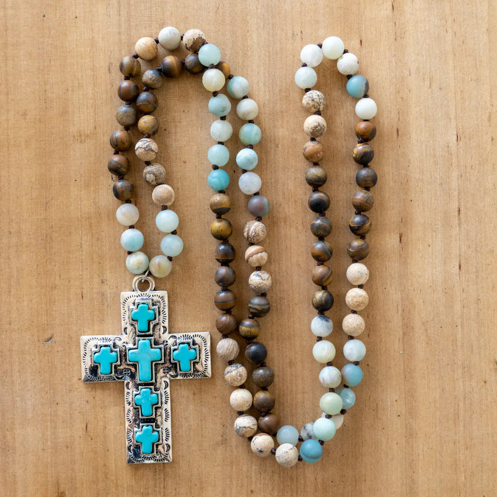 Collar Étnico con Cruz Jaspe, Ojo de Tigre y Amazonita