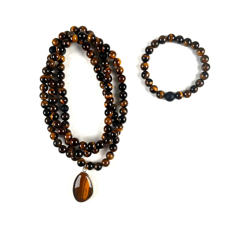 Conjunto Collar y Pulsera de Ojo de Tigre y Ónix Negro