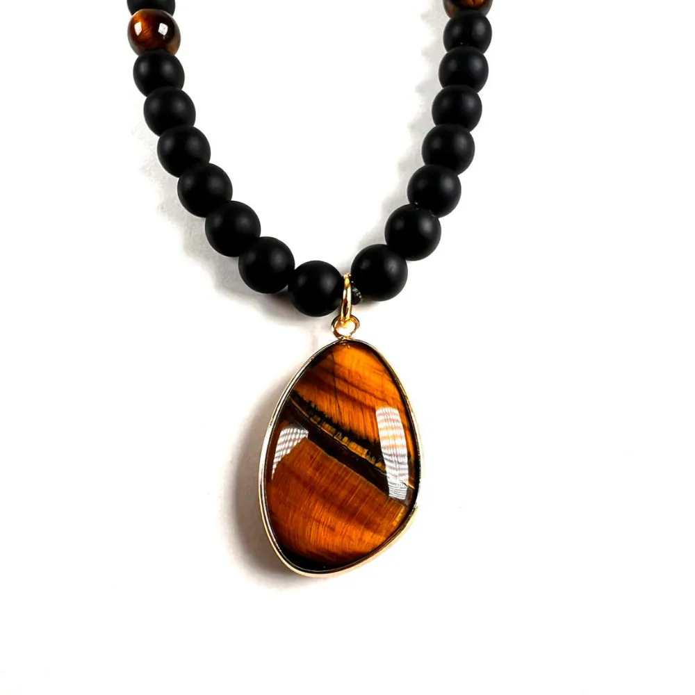 Conjunto Collar y Pulsera de Ónix Negro con Dije Ojo de Tigre