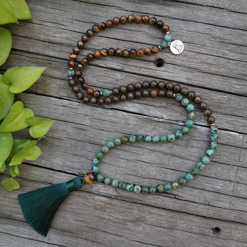 Conjunto Collar y Pulsera de Ojo de Tigre, Turquesa Africana y Broncita
