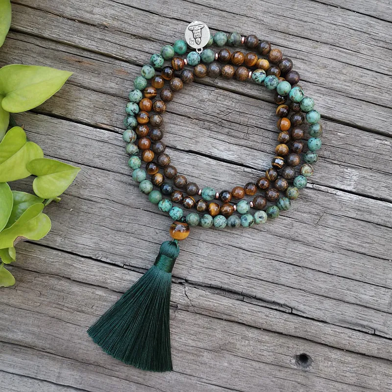 Conjunto Collar y Pulsera de Ojo de Tigre, Turquesa Africana y Broncita