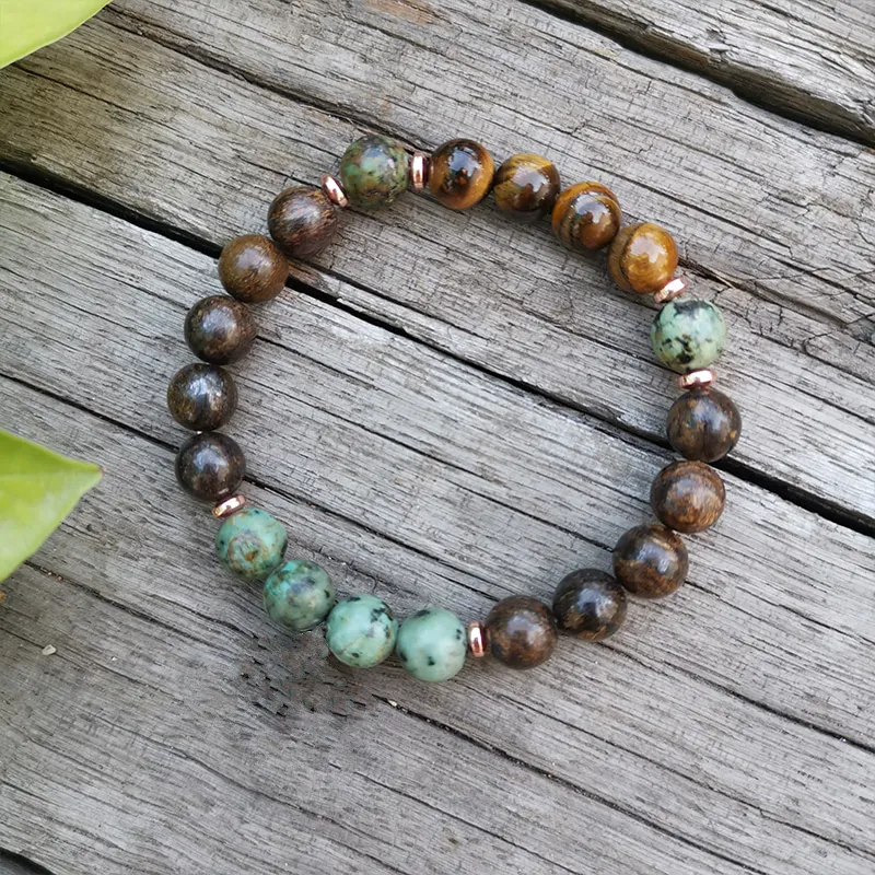 Conjunto Collar y Pulsera de Ojo de Tigre, Turquesa Africana y Broncita