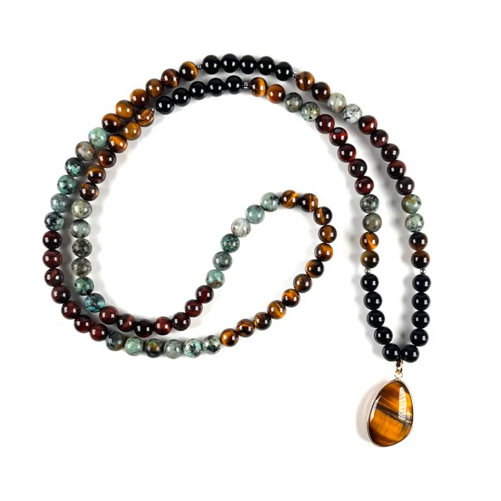 Collar de Intención Ónix y Turquesa Africana con Dije Ojo de Tigre