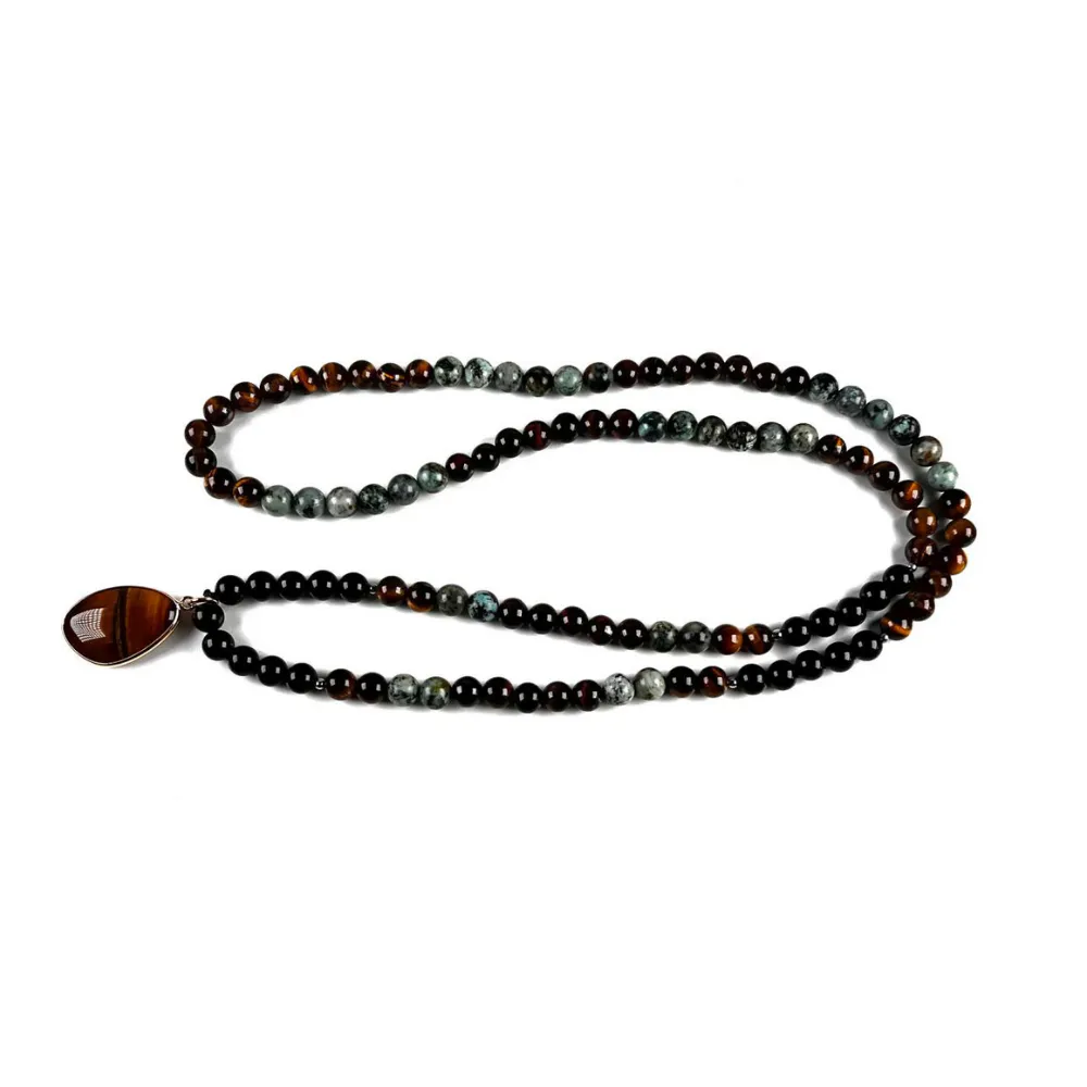 Collar de Intención Ónix y Turquesa Africana con Dije Ojo de Tigre