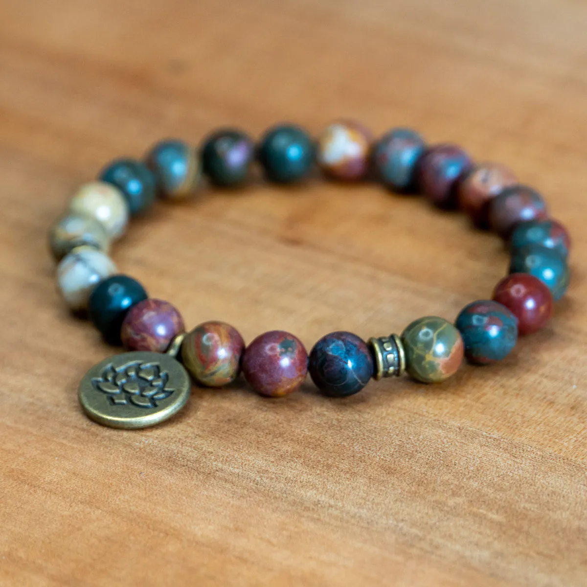 Pulsera de Jaspe Multicolor con Colgante Flor de Loto