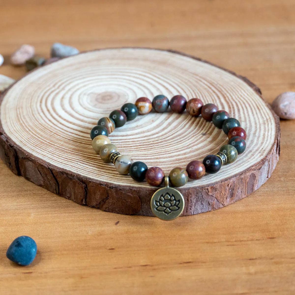 Pulsera de Jaspe Multicolor con Colgante Flor de Loto